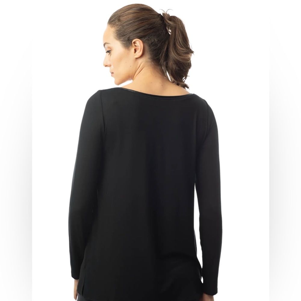 Lola & Sophie Faux Leather Piping Boat Neck Top - Picture 2 of 12